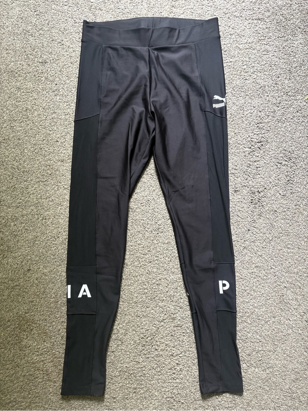 Puma Black Women's Mesh Panel Athletic Leggings with White Logo